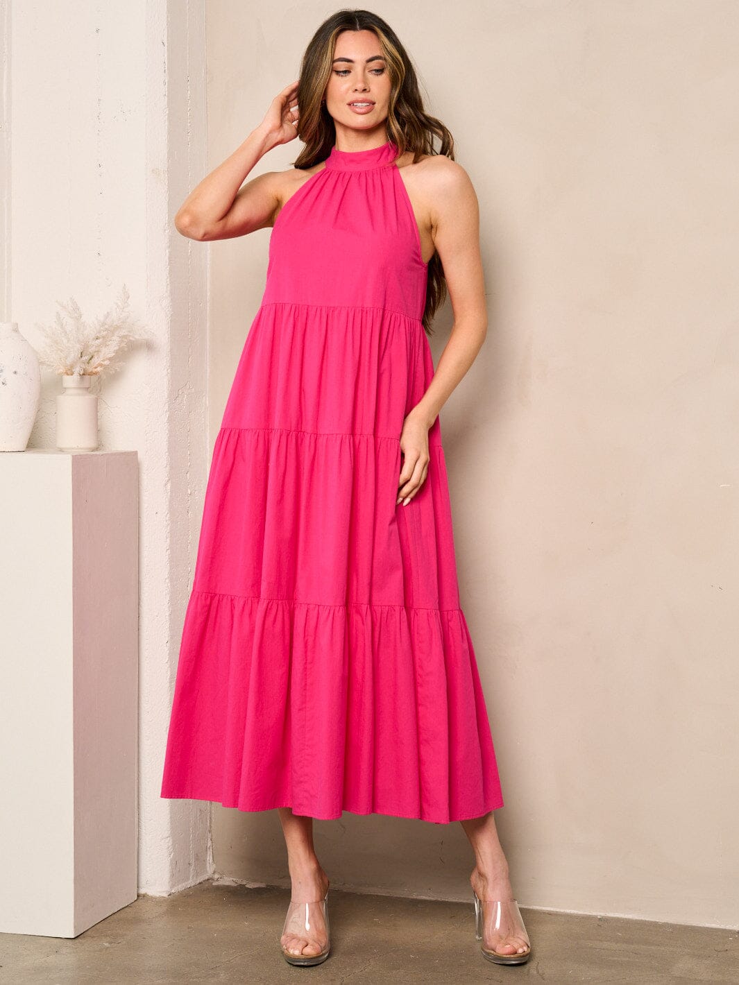 WOMEN'S SLEEVELESS HALTER NECK TIERED MAXI DRESS