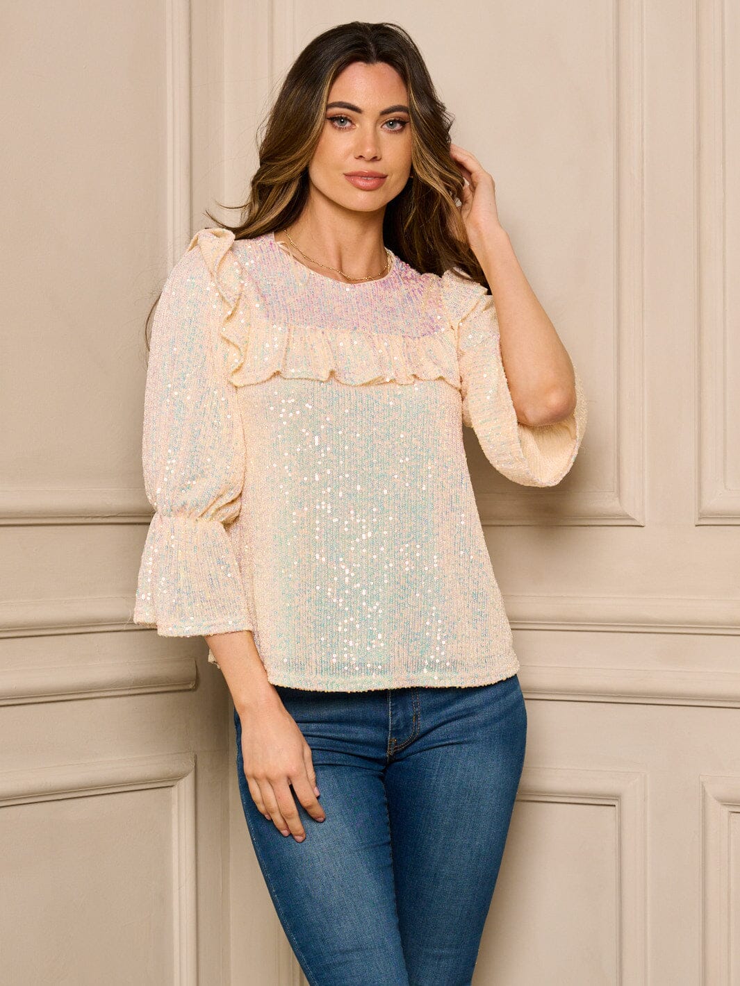 WOMEN'S 3/4 SLEEVE SEQUINS DETAILED RUFFLE TOP