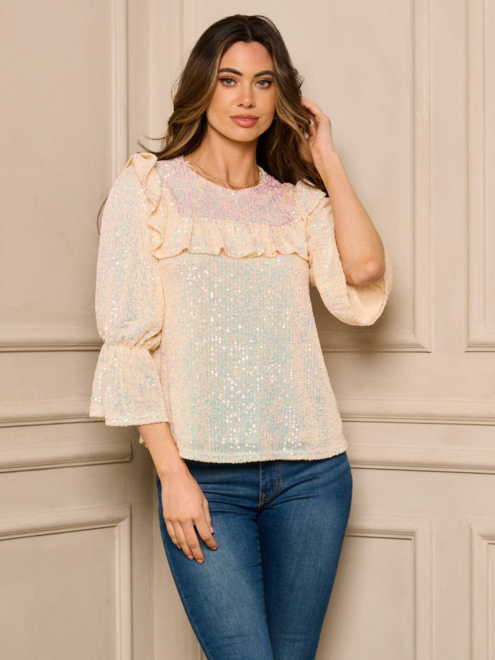 WOMEN'S 3/4 SLEEVE SEQUINS DETAILED RUFFLE TOP