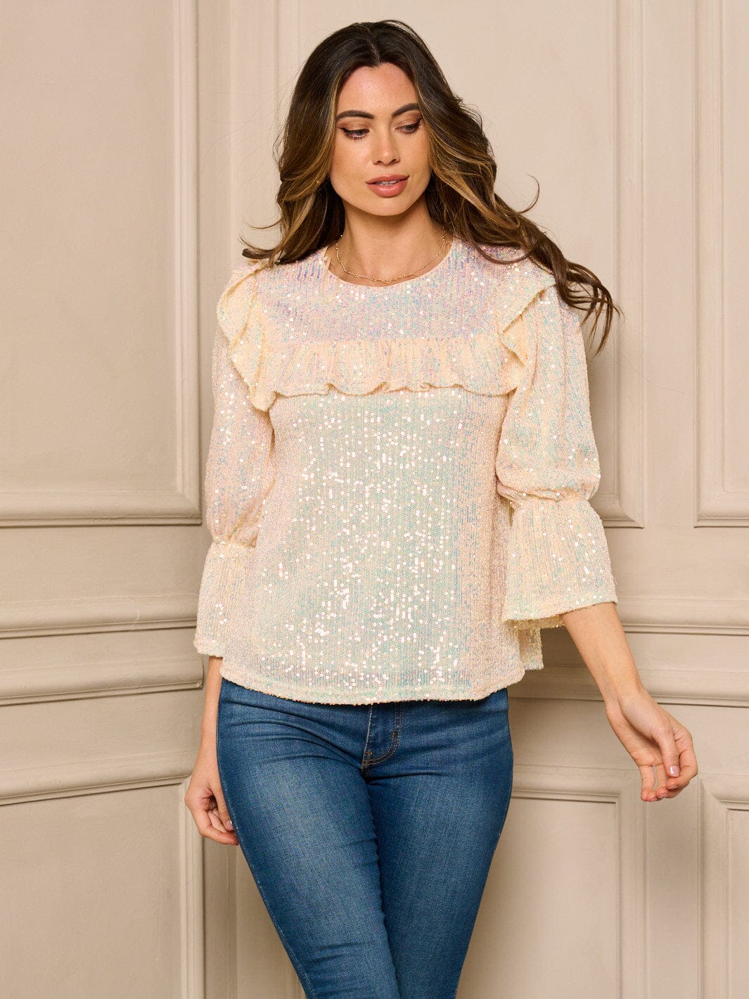 WOMEN'S 3/4 SLEEVE SEQUINS DETAILED RUFFLE TOP
