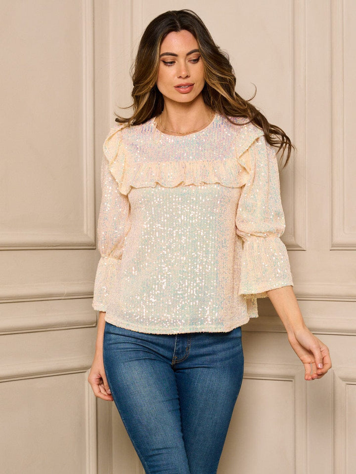 WOMEN'S 3/4 SLEEVE SEQUINS DETAILED RUFFLE TOP