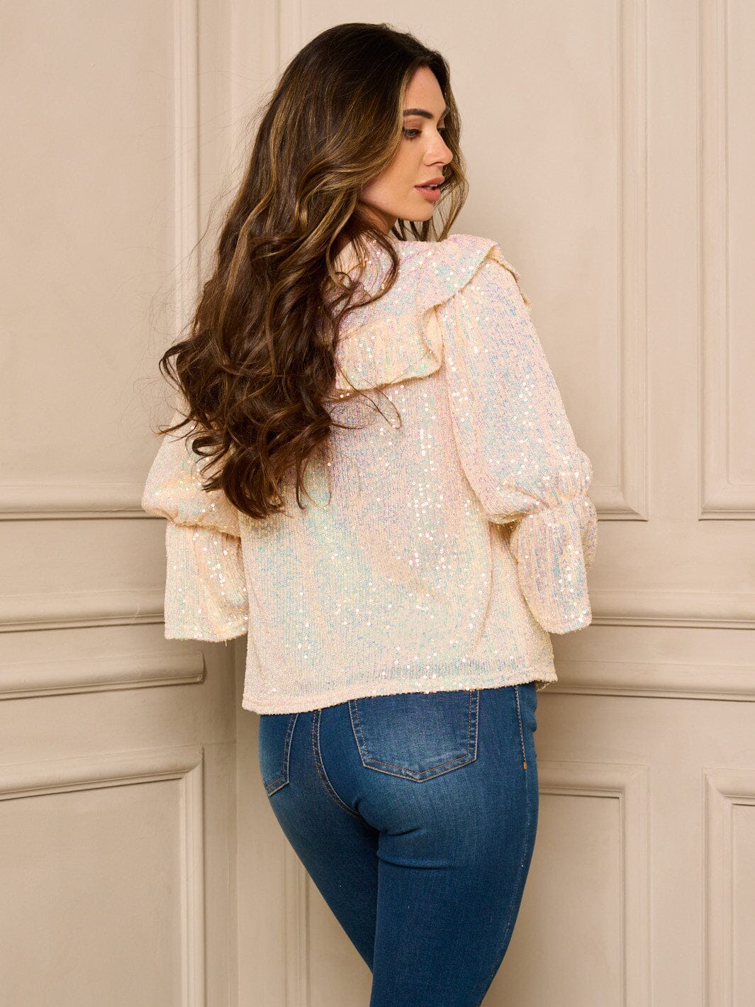 WOMEN'S 3/4 SLEEVE SEQUINS DETAILED RUFFLE TOP