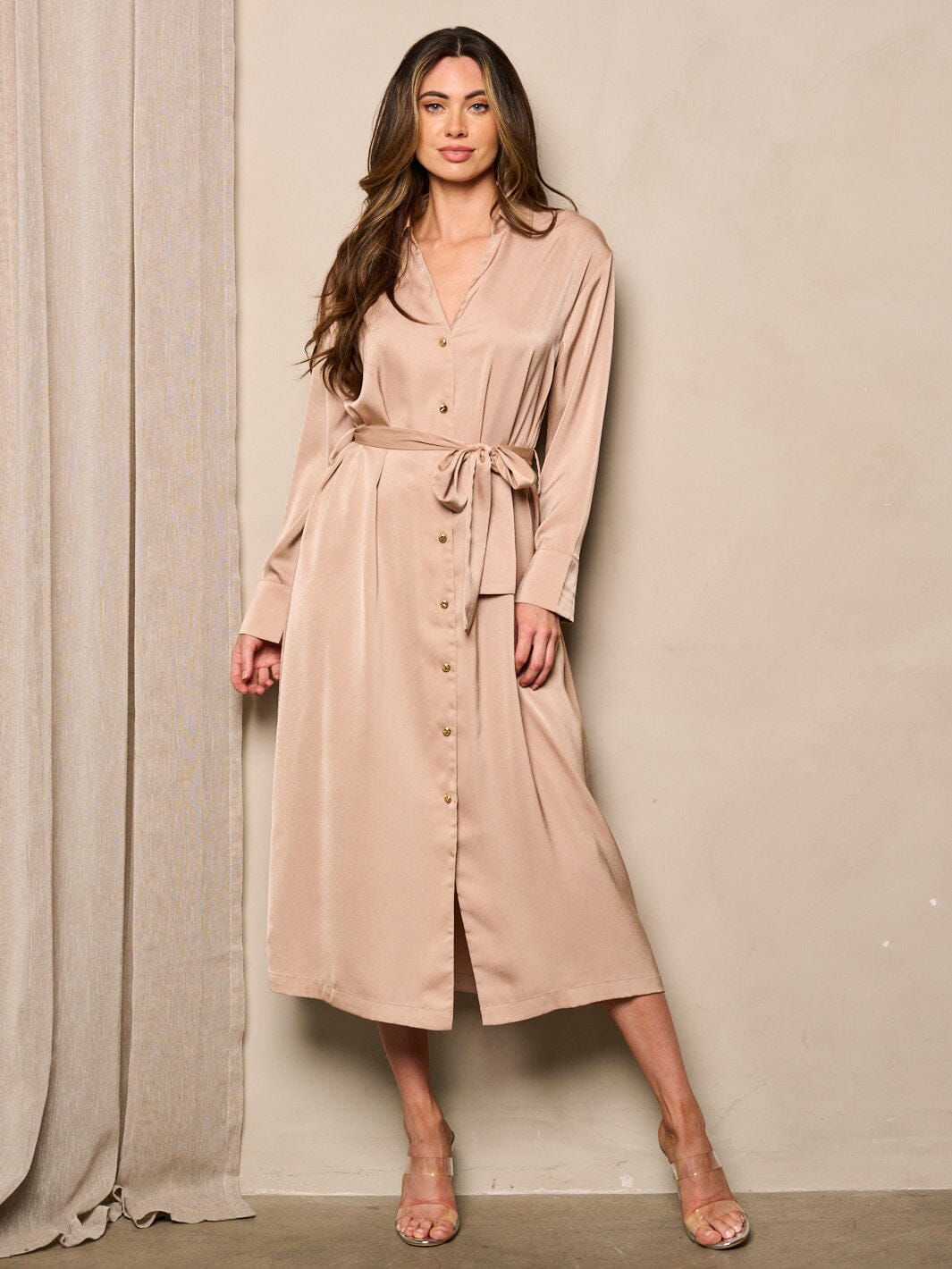 WOMEN'S LONG SLEEVE BUTTON UP SELF TIE SATIN MIDI DRESS