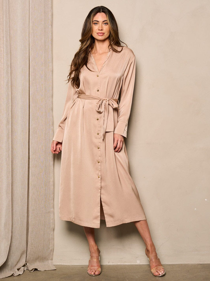 WOMEN'S LONG SLEEVE BUTTON UP SELF TIE SATIN MIDI DRESS