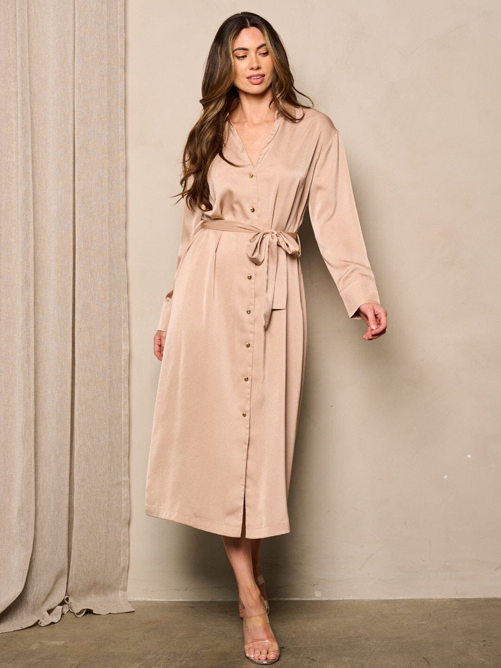 WOMEN'S LONG SLEEVE BUTTON UP SELF TIE SATIN MIDI DRESS