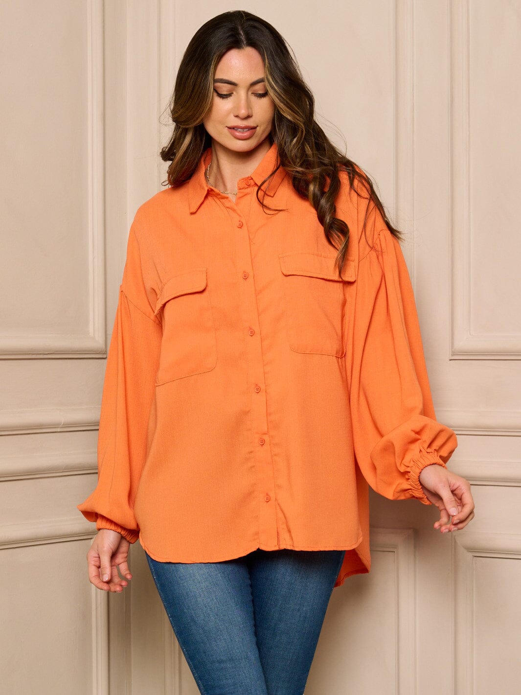WOMEN'S LONG SLEEVE BUTTON UP OVERSIZED BLOUSE TOP