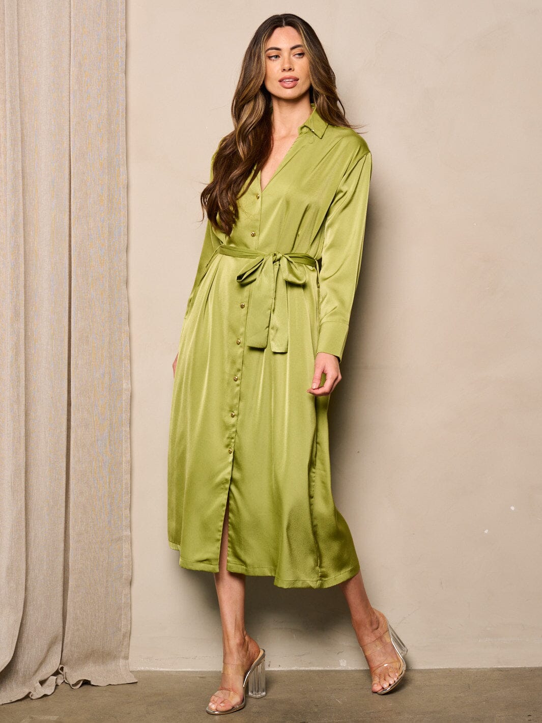 WOMEN'S LONG SLEEVE BUTTON UP SELF TIE SATIN MIDI DRESS