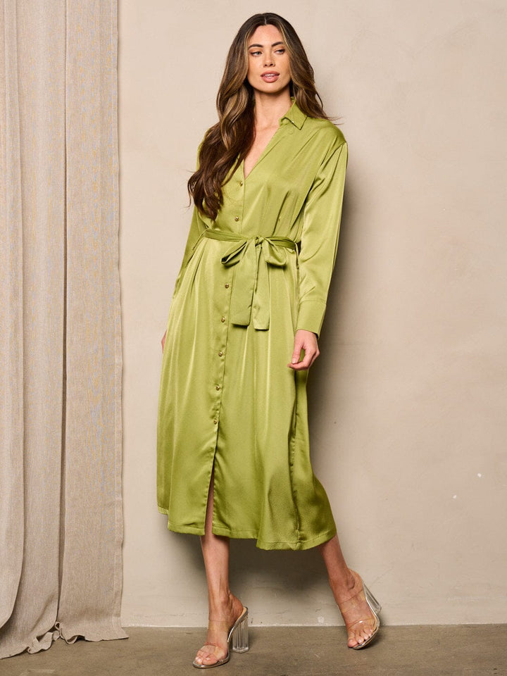 WOMEN'S LONG SLEEVE BUTTON UP SELF TIE SATIN MIDI DRESS