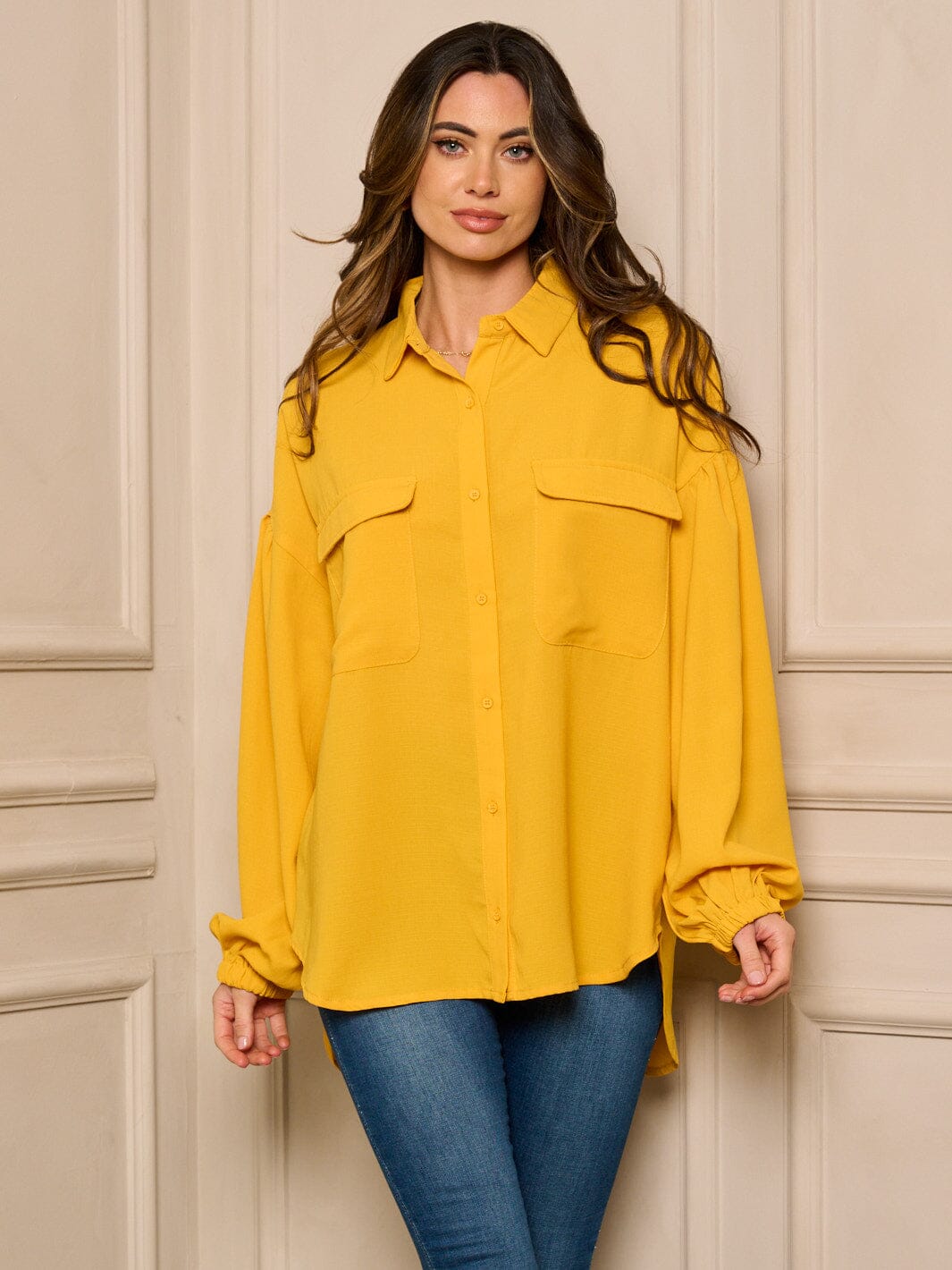 WOMEN'S LONG SLEEVE BUTTON UP OVERSIZED BLOUSE TOP