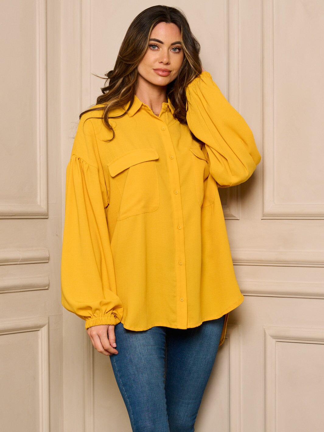 WOMEN'S LONG SLEEVE BUTTON UP OVERSIZED BLOUSE TOP
