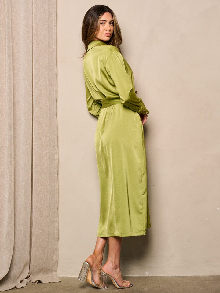 WOMEN'S LONG SLEEVE BUTTON UP SELF TIE SATIN MIDI DRESS