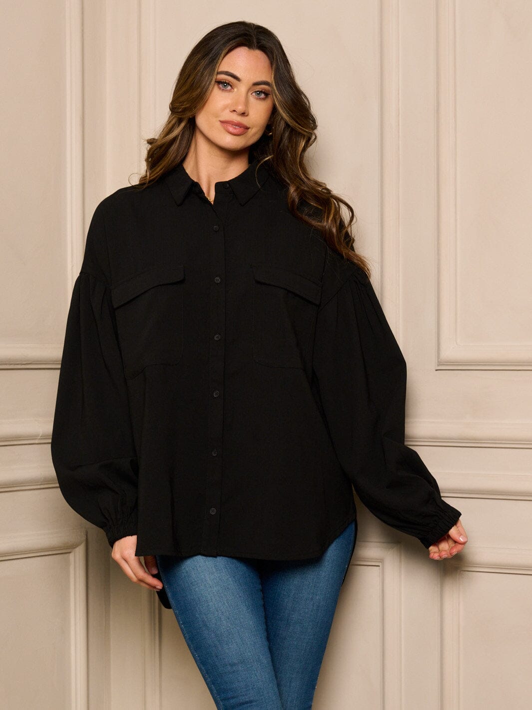 WOMEN'S LONG SLEEVE BUTTON UP OVERSIZED BLOUSE TOP