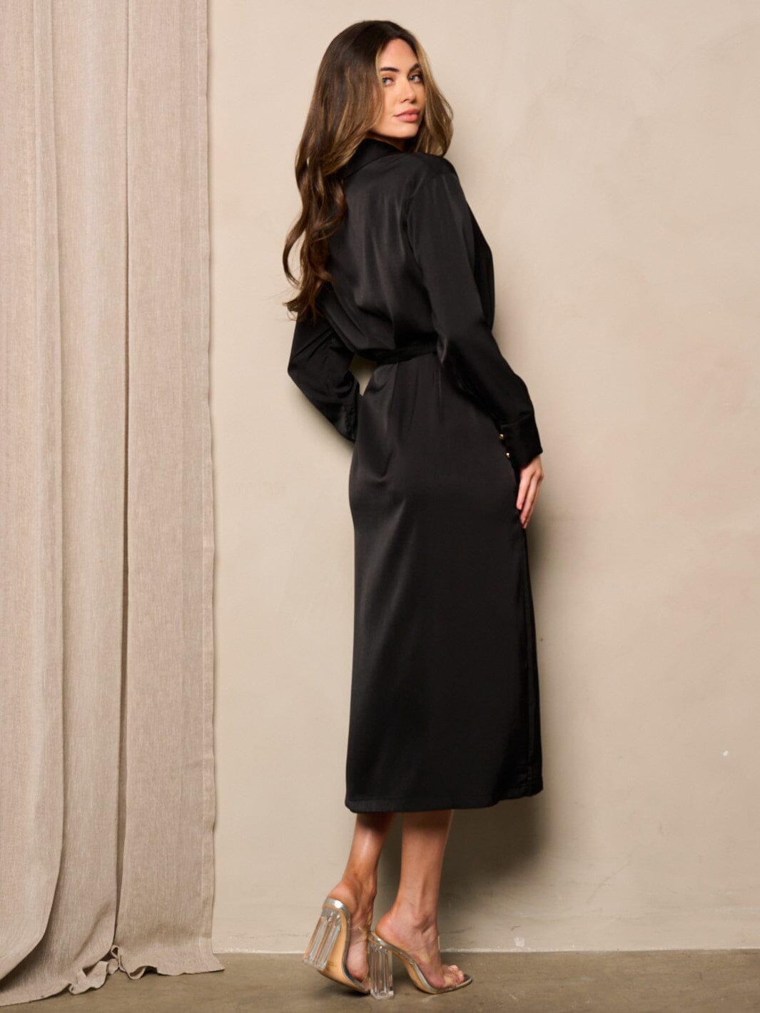 WOMEN'S LONG SLEEVE BUTTON UP SELF TIE SATIN MIDI DRESS