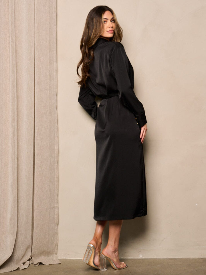 WOMEN'S LONG SLEEVE BUTTON UP SELF TIE SATIN MIDI DRESS