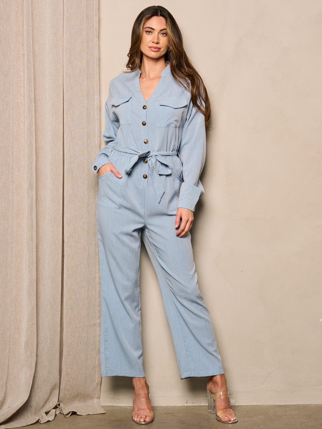 WOMEN'S LONG SLEEVE BUTTON UP WIDE LEG JUMPSUIT