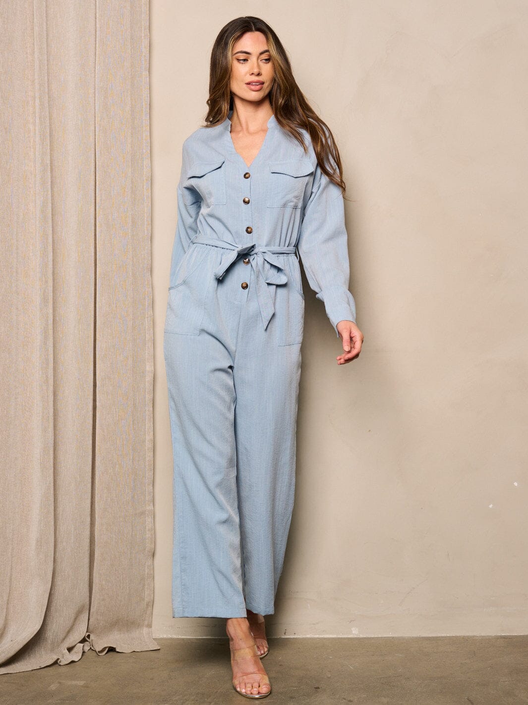 WOMEN'S LONG SLEEVE BUTTON UP WIDE LEG JUMPSUIT