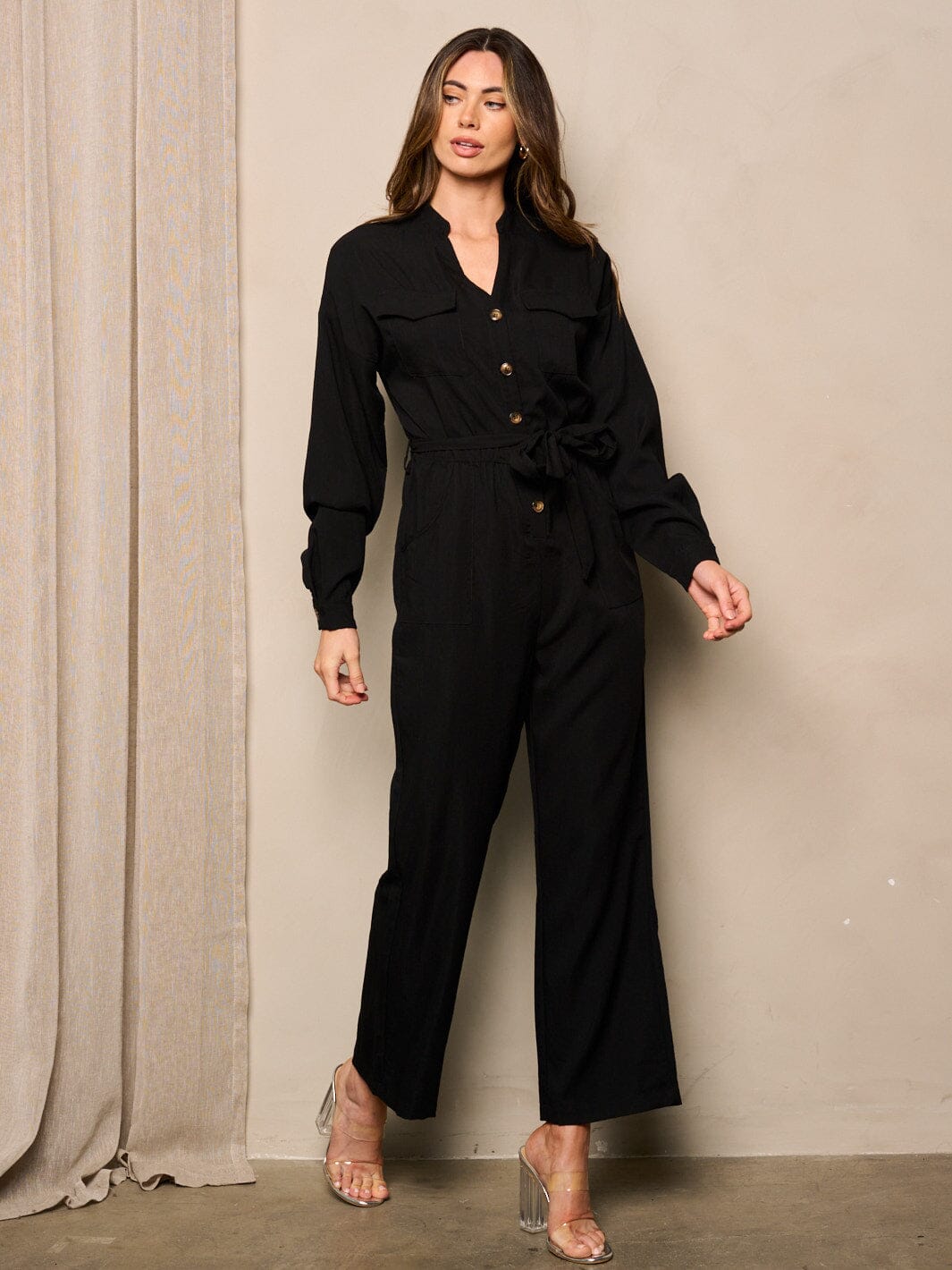 WOMEN'S LONG SLEEVE BUTTON UP WIDE LEG JUMPSUIT