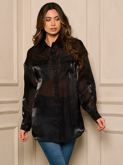 WOMEN'S LONG SLEEVE BUTTON UP SHEER BLOUSE TOP