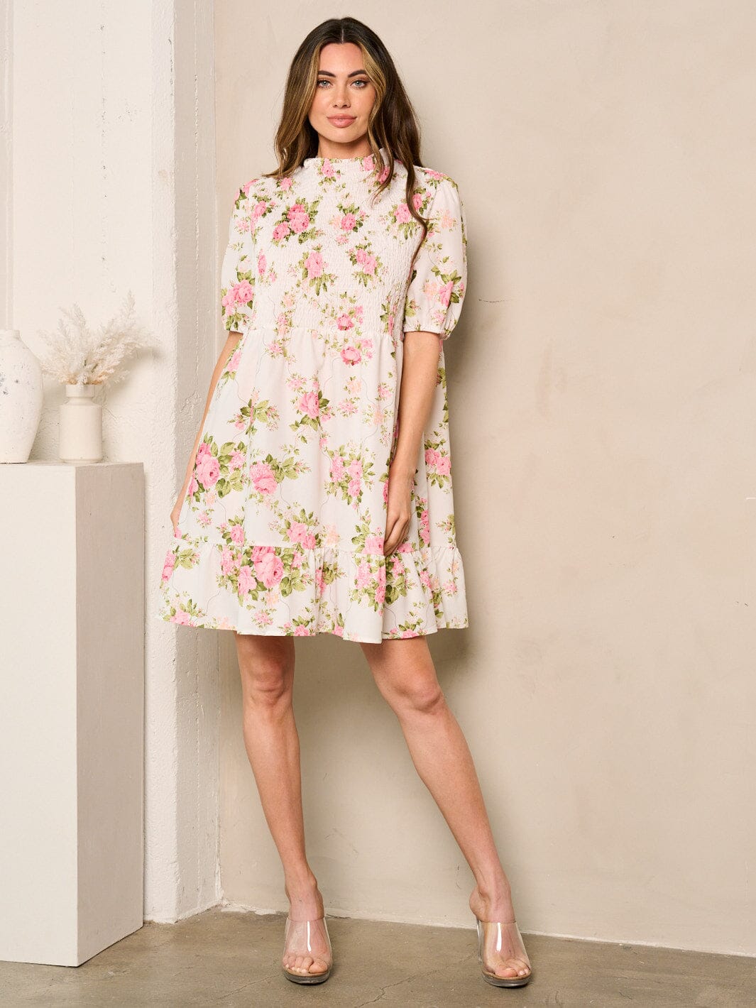 WOMEN'S SHORT SLEEVE MOCK NECK SMOCK FLORAL MINI DRESS