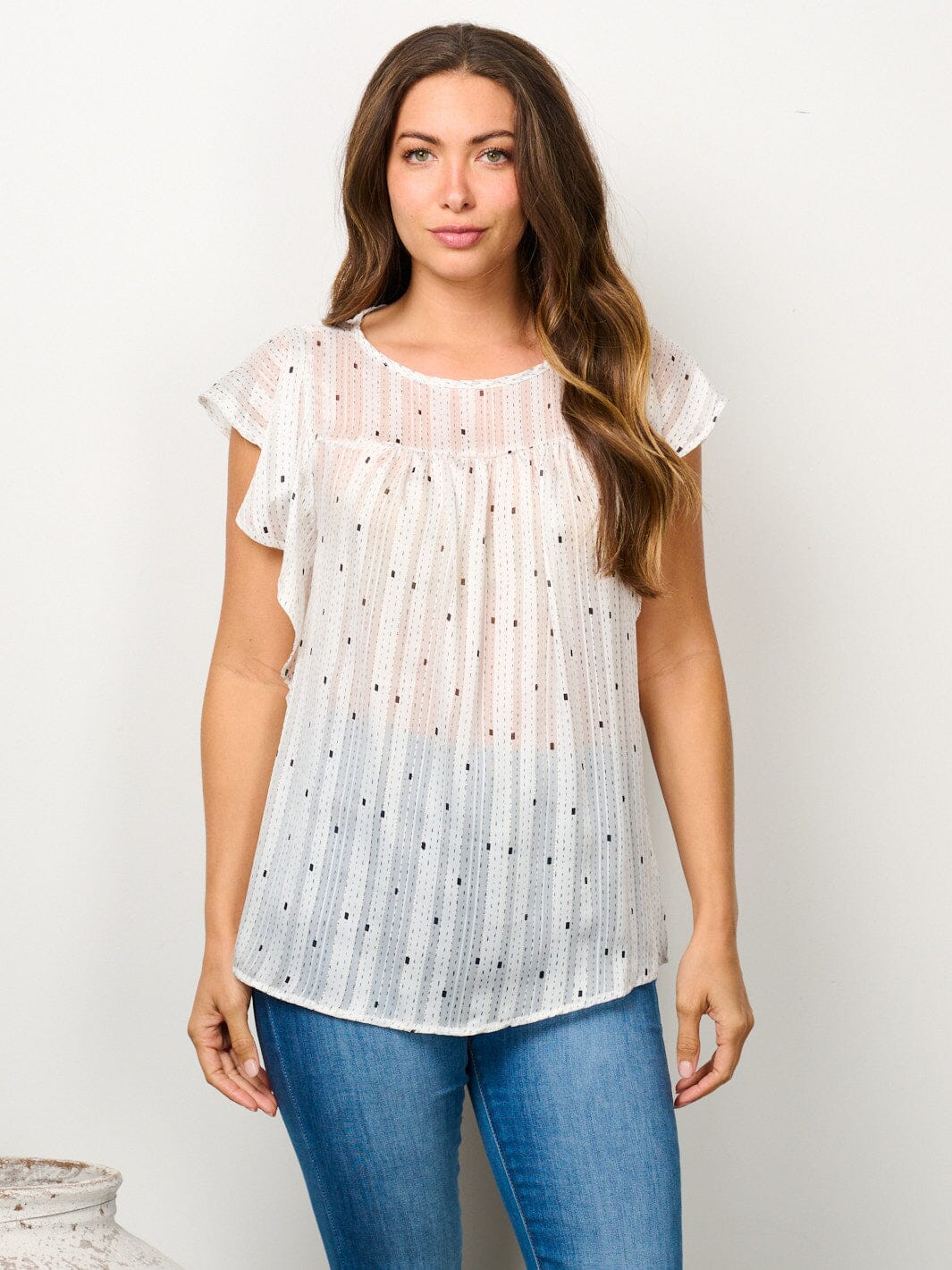WOMEN'S SHORT RUFFLE SLEEVE SHIMMER PRINT TUNIC TOP