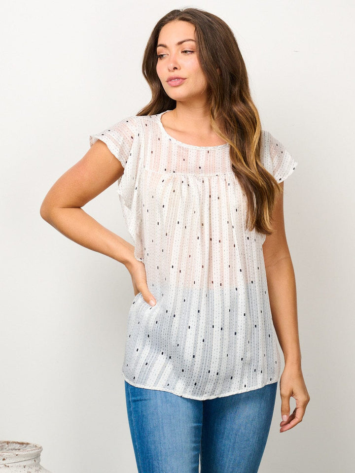 WOMEN'S SHORT RUFFLE SLEEVE SHIMMER PRINT TUNIC TOP