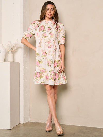 WOMEN'S SHORT SLEEVE MOCK NECK SMOCK FLORAL MINI DRESS