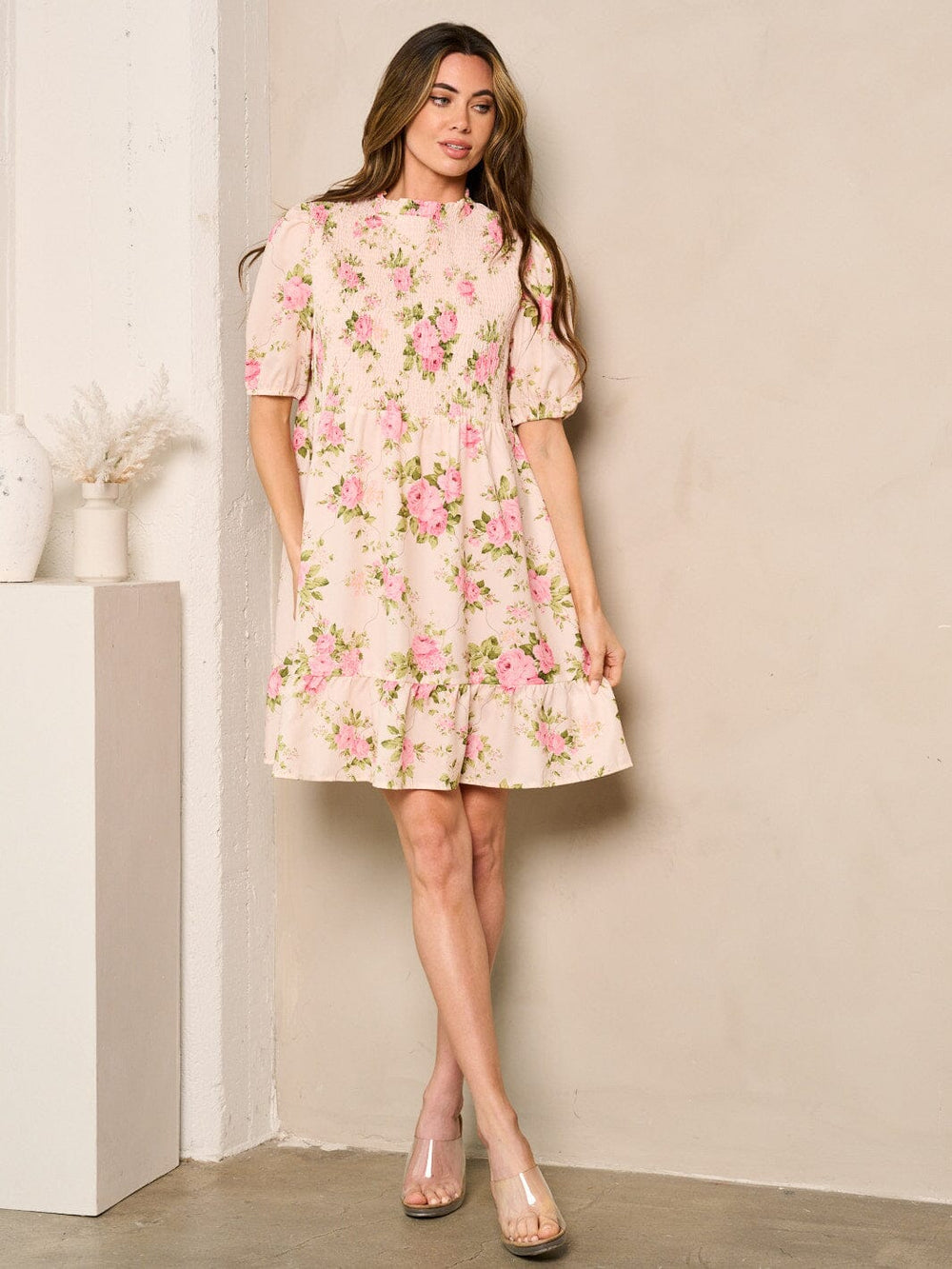 WOMEN'S SHORT SLEEVE MOCK NECK SMOCK FLORAL MINI DRESS