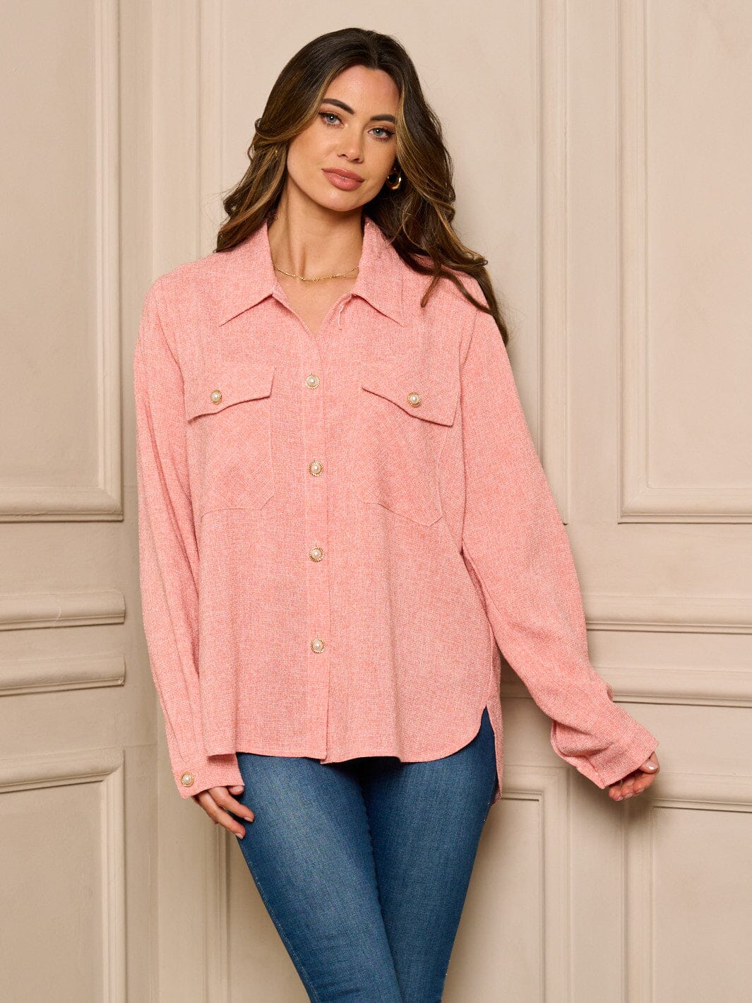 WOMEN'S LONG SLEEVE BUTTON UP WASHED BLOUSE TOP