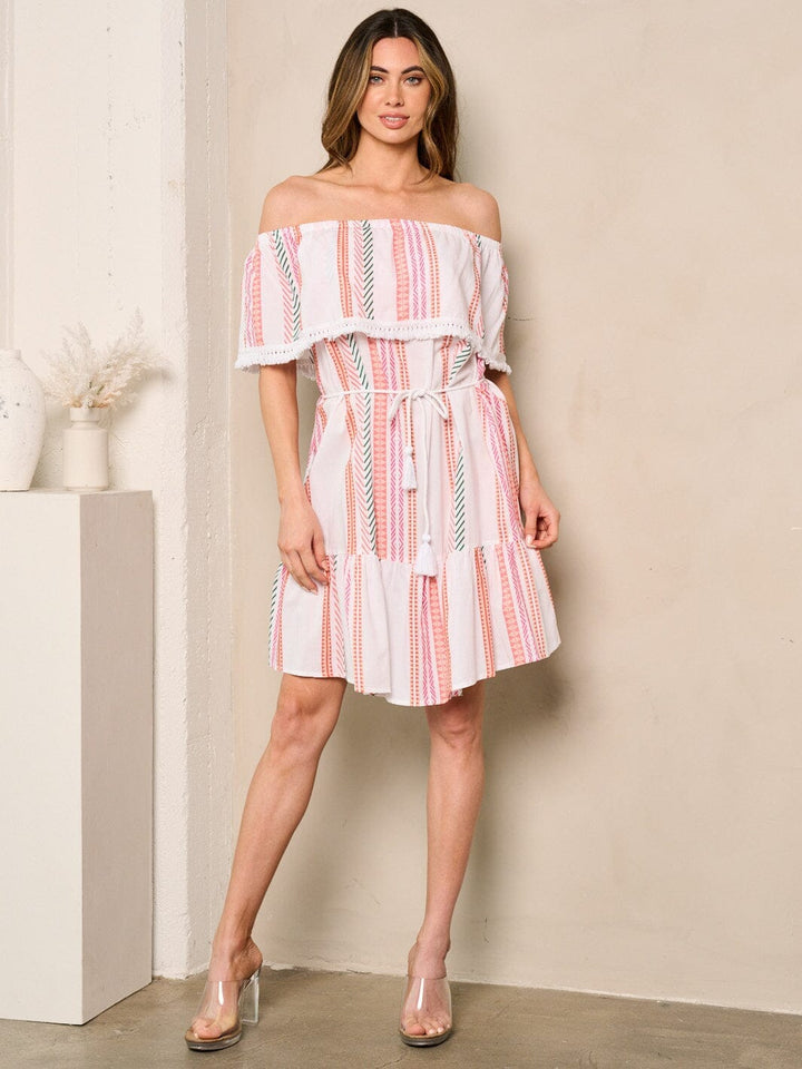 WOMEN'S OFF SHOULDER SELF TIE MULTI COLOR MINI DRESS