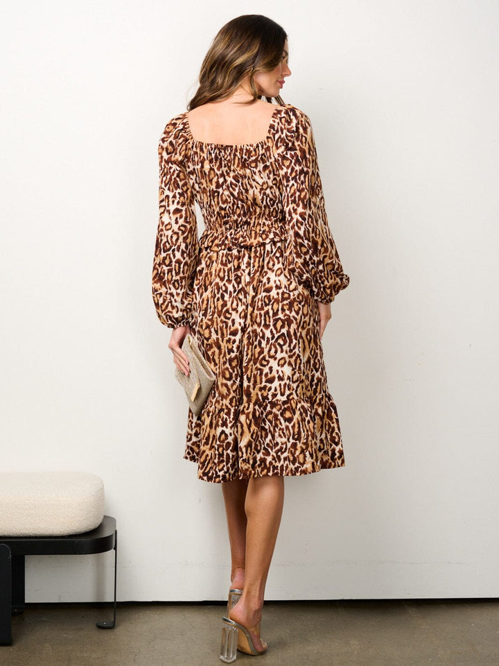 WOMEN'S LONG SLEEVE ANIMAL PRINT ELASTIC WAIST MIDI DRESS