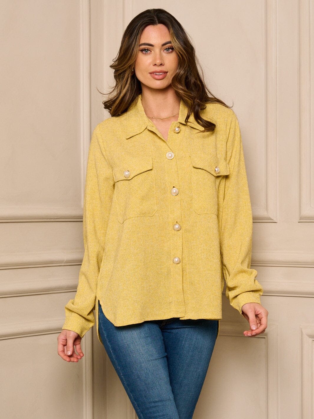 WOMEN'S LONG SLEEVE BUTTON UP WASHED BLOUSE TOP