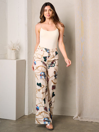 WOMEN'S BUTTON CLOSURE POCKETS WIDE LEG MULTI PRINT PANTS