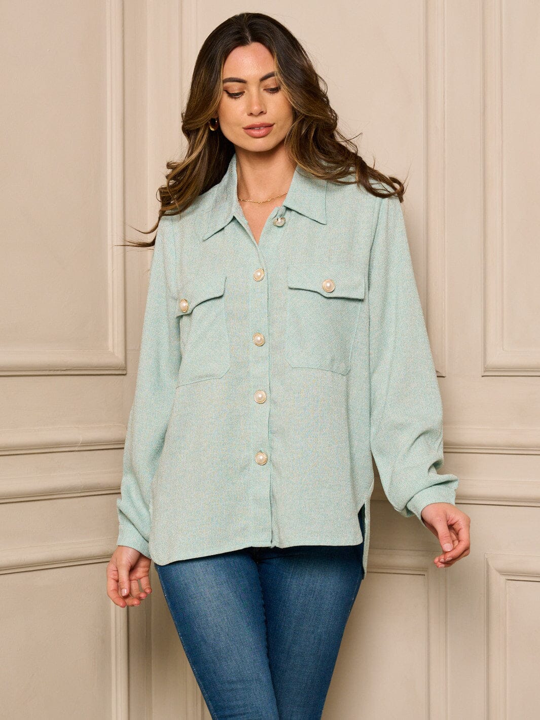WOMEN'S LONG SLEEVE BUTTON UP WASHED BLOUSE TOP