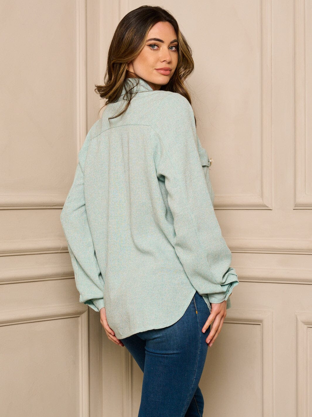 WOMEN'S LONG SLEEVE BUTTON UP WASHED BLOUSE TOP