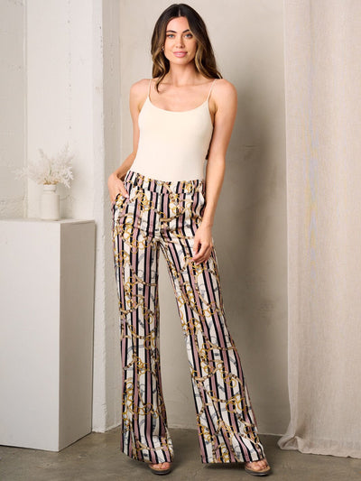 WOMEN'S BUTTON CLOSURE POCKETS WIDE LEG MULTI PRINT PANTS