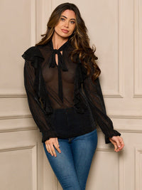 WOMEN'S LONG SLEEVE RUFFLE SHIMMER BLOUSE TOP