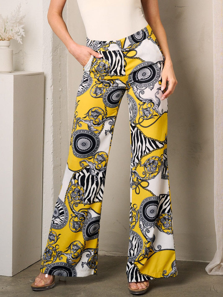 WOMEN'S BUTTON CLOSURE POCKETS WIDE LEG MULTI PRINT PANTS