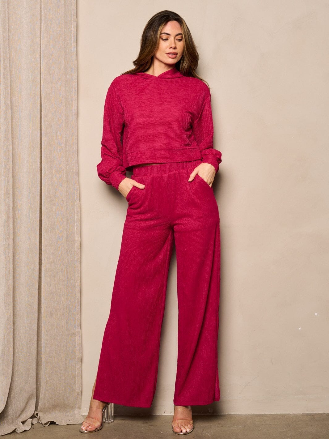 WOMEN'S LONG SLEEVE HOODIE TOP & WIDE SLIT LEG PANTS 2PC. SET