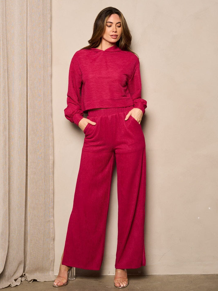 WOMEN'S LONG SLEEVE HOODIE TOP & WIDE SLIT LEG PANTS 2PC. SET
