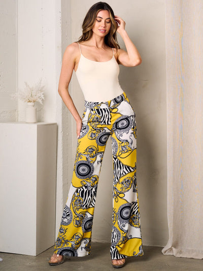 WOMEN'S BUTTON CLOSURE POCKETS WIDE LEG MULTI PRINT PANTS