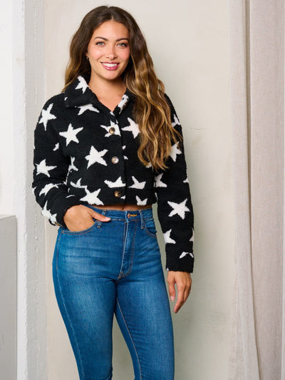 WOMEN'S LONG SLEEVE BUTTON CLOSURE STARS PRINT CROP JACKET