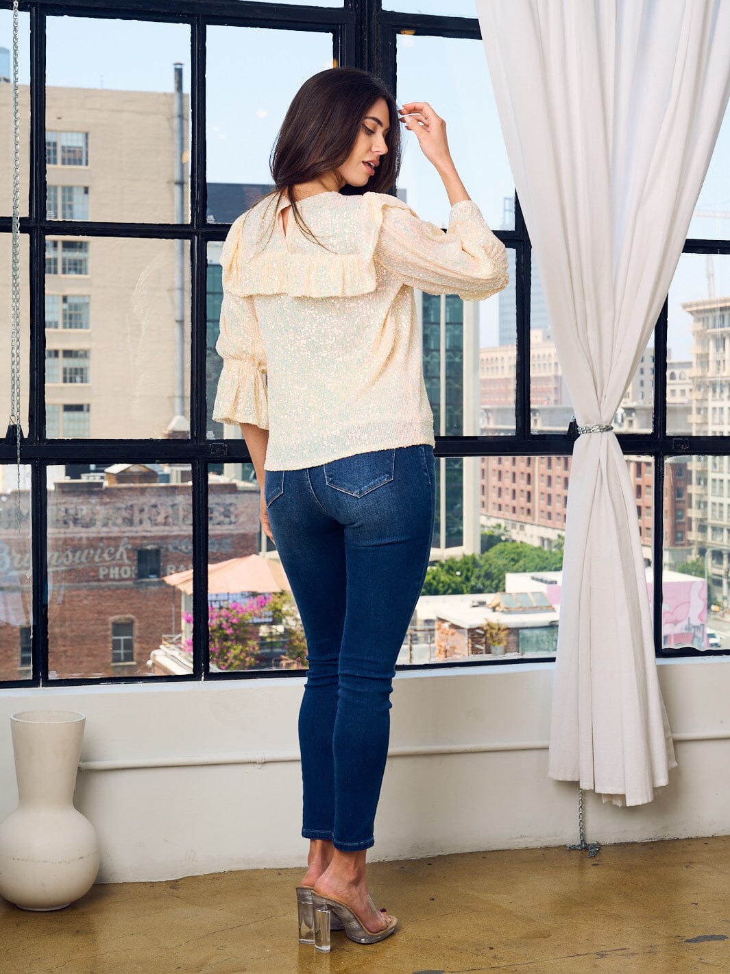 WOMEN'S 3/4 SLEEVE RUFFLE SEQUINS BLOUSE TOP