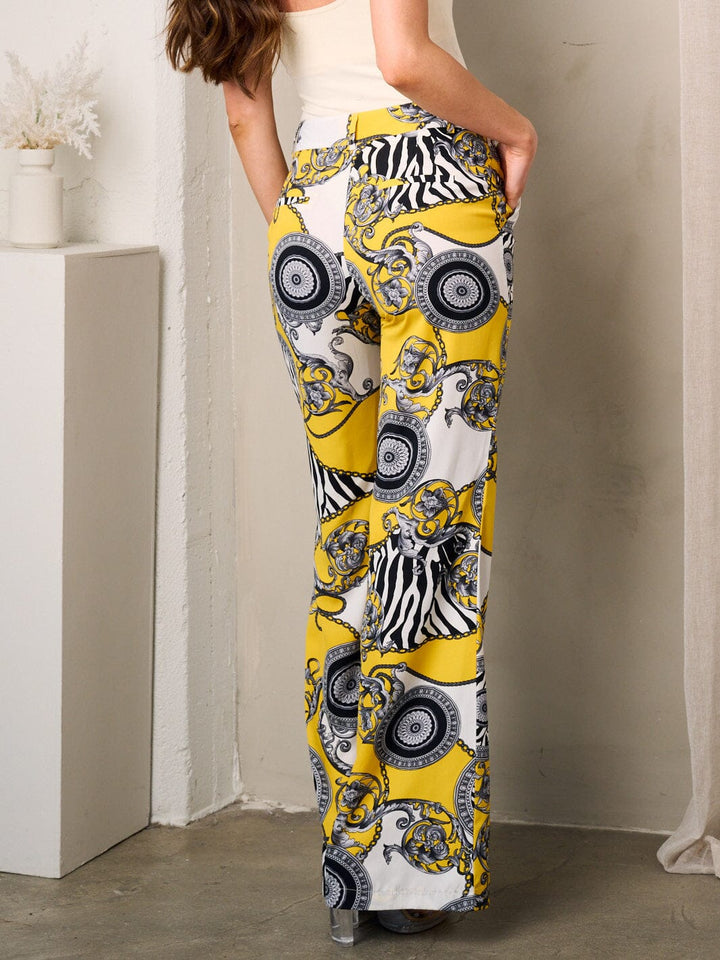 WOMEN'S BUTTON CLOSURE POCKETS WIDE LEG MULTI PRINT PANTS