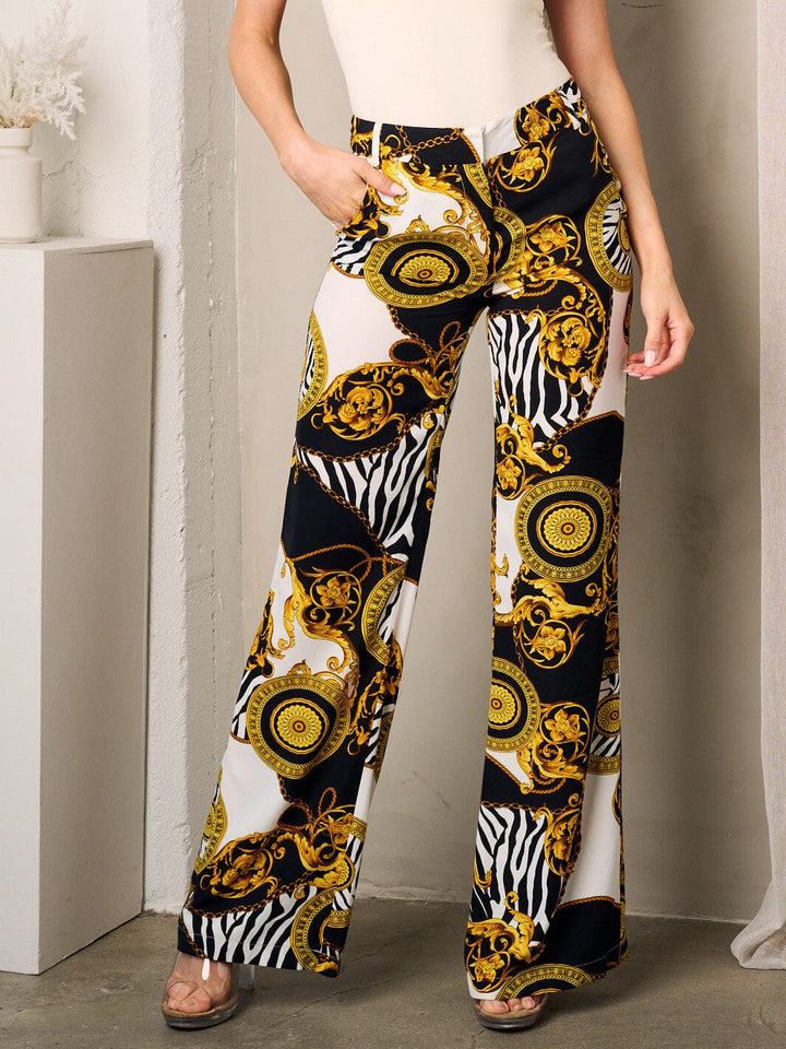 WOMEN'S BUTTON CLOSURE POCKETS WIDE LEG MULTI PRINT PANTS