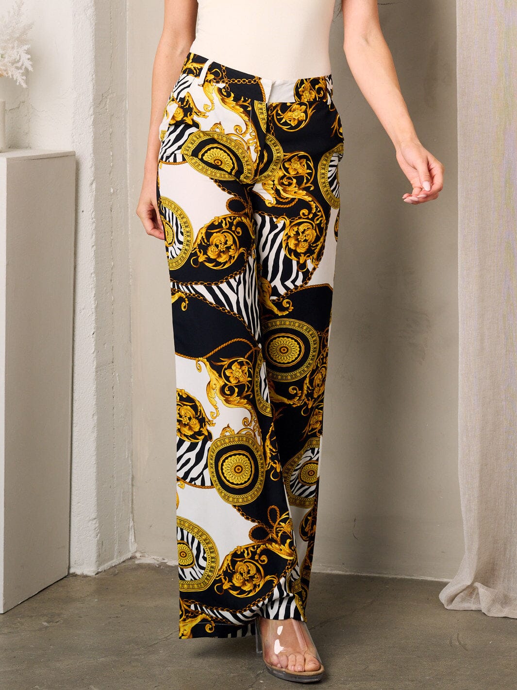 WOMEN'S BUTTON CLOSURE POCKETS WIDE LEG MULTI PRINT PANTS
