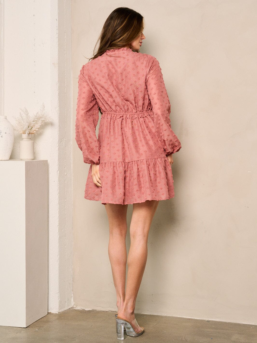 WOMEN'S LONG SLEEVES V-NECK TIERED SWISS DOTS MINI DRESS
