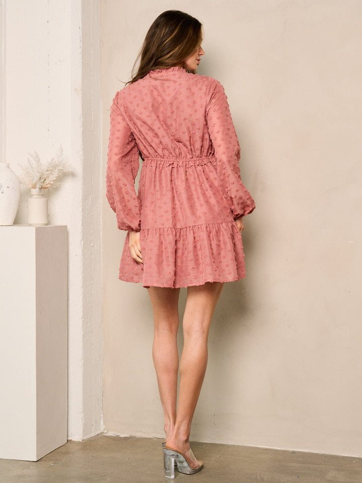 WOMEN'S LONG SLEEVES V-NECK TIERED SWISS DOTS MINI DRESS