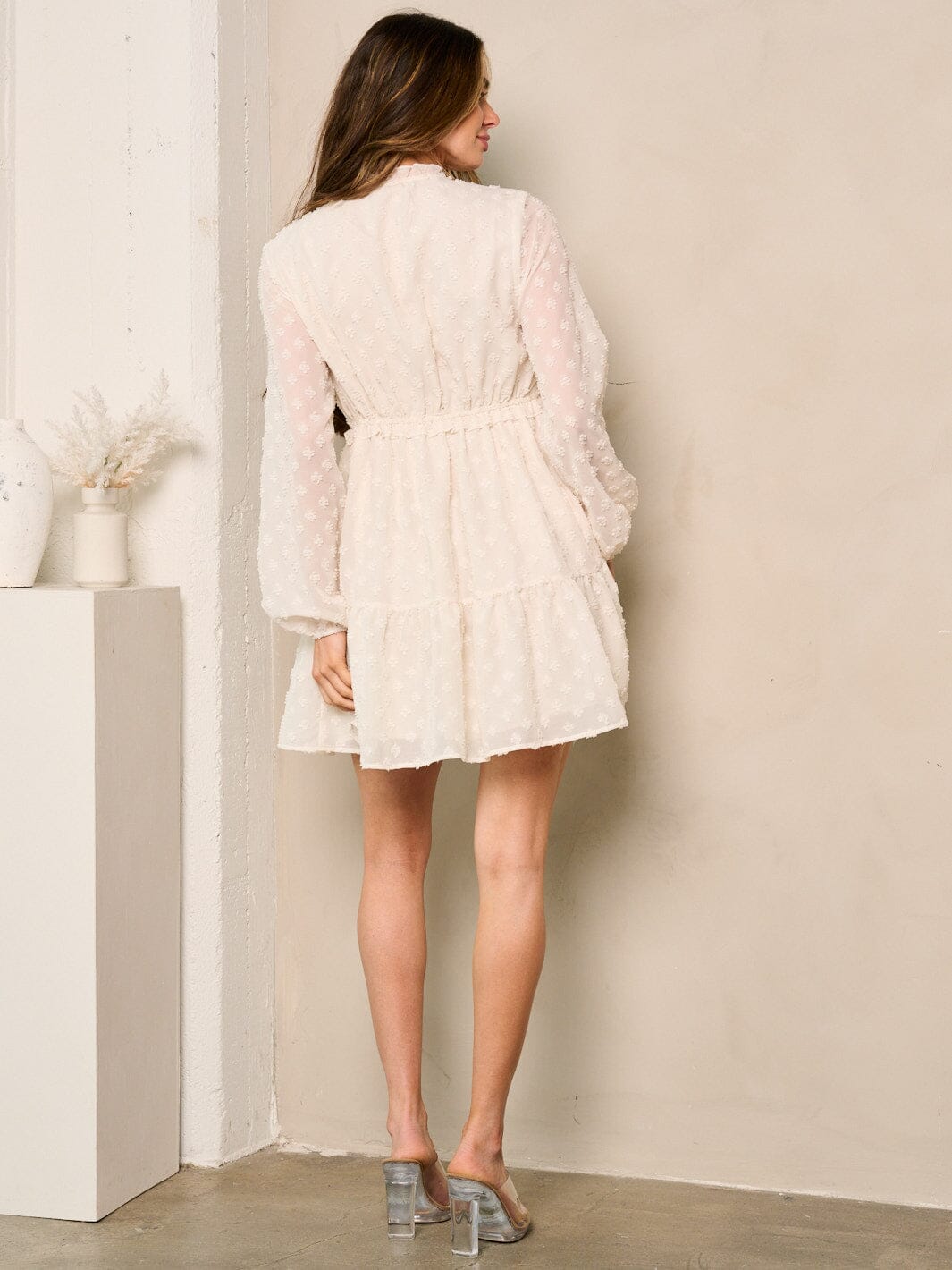 WOMEN'S LONG SLEEVES V-NECK TIERED SWISS DOTS MINI DRESS