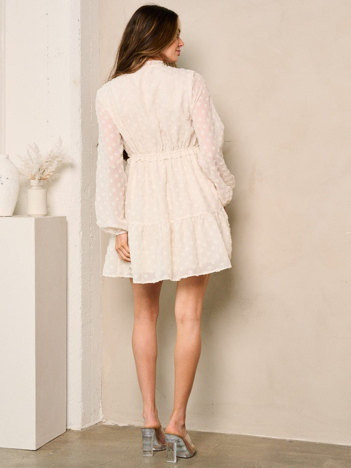 WOMEN'S LONG SLEEVES V-NECK TIERED SWISS DOTS MINI DRESS