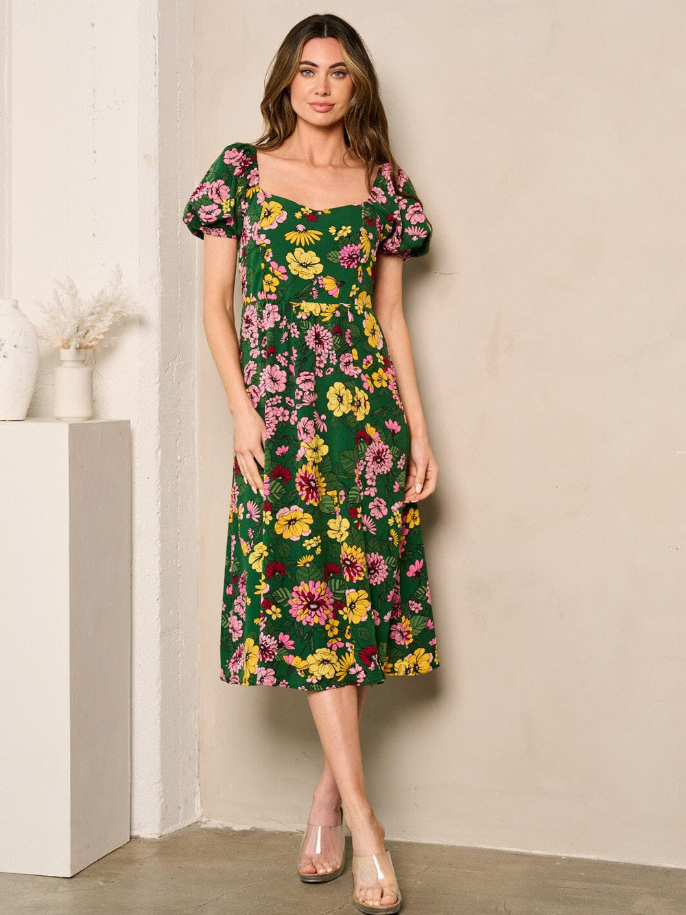 WOMEN'S SHORT PUFF SLEEVES SMOCK FLORAL MIDI DRESS